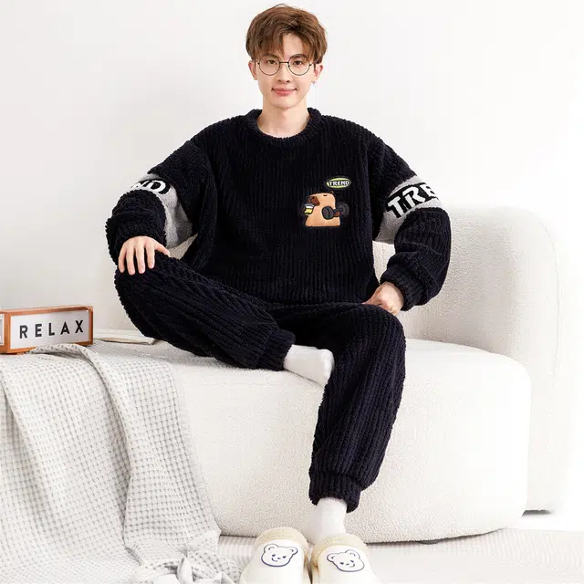 俏霓桐 卡通圆领加厚加绒珊瑚绒保暖秋冬季青少年学生简约可外穿家居服睡衣套装 男款