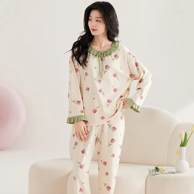 俏霓桐 长袖套头花花可爱休闲甜美居家舒适家居服睡衣套装 女 图色