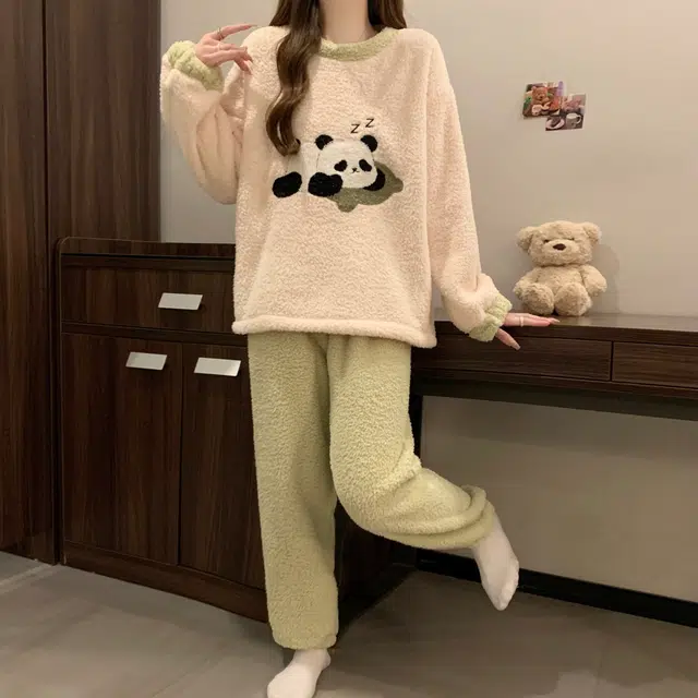 俏霓桐 时尚卡通可爱半边绒可外穿保暖家居服睡衣套装 女款 图色