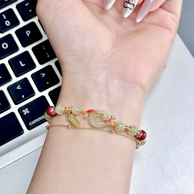 雅谷 【好运上上签】锦鲤平安扣 国潮新中式 时来运转 前程似锦 考试考研事业上岸 精致百搭 和田玉手串 青白玉 男女同款情侣款