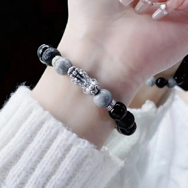 【S999银貔貅】 雅谷 招财吞金兽 聚八方财 守护 百搭高级礼盒天然 黑曜石 手串 男女同款情侣款