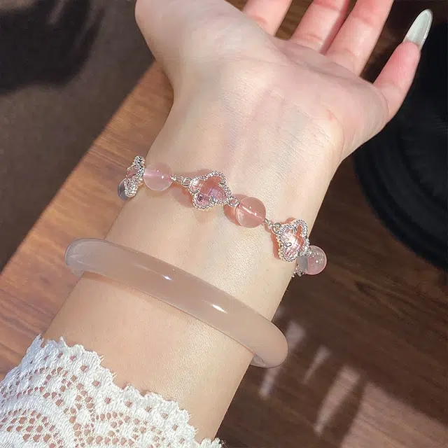 【四叶草叠戴】 雅谷 经典白月光 粉红招桃花  清冷感 一步一响 优雅复古 国风汉服旗袍 素圈#好运 琉璃 手镯 女款