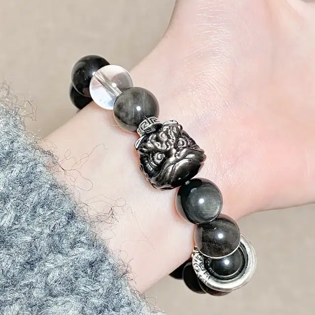 【国潮醒狮】 雅谷 新中式国风招财纳福吞金兽貔貅 时来运转福气满满平安上岸福气珠串复古手饰#好运天然 黑曜石 手串 男女同款情侣款