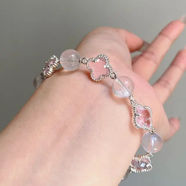 【四叶草叠戴】 雅谷 经典白月光 粉红招桃花  清冷感 一步一响 优雅复古 国风汉服旗袍 素圈#好运 琉璃 手镯 女款