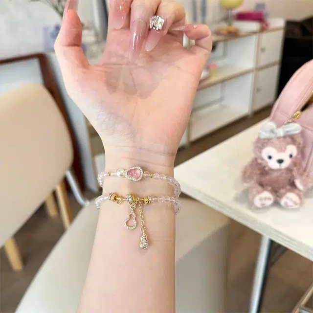 雅谷 福禄鎏金葫芦 双圈叠戴 招财福运双全 甜蜜爱情 甜美粉嫩小众显白气质 优雅表白百搭转运珠#好运天然 粉水晶 手串 女款