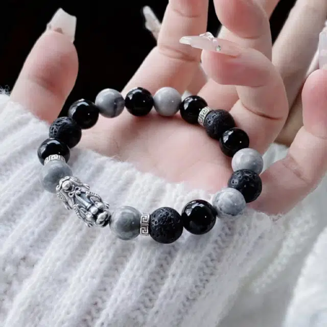 【S999银貔貅】 雅谷 招财吞金兽 聚八方财 守护 百搭高级礼盒天然 黑曜石 手串 男女同款情侣款