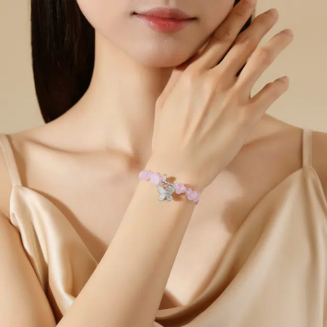 中国黄金 珍·如金 春日恋曲 蝴蝶简约设计 个性百搭天然 粉水晶 手链 女款