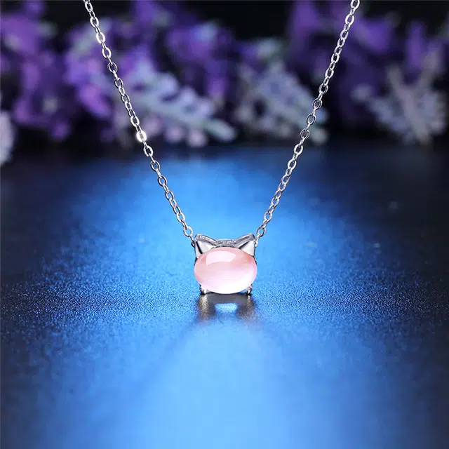 珍·如金 中国黄金 小粉猫可爱甜美简约高级感天然 粉水晶 项链 女款