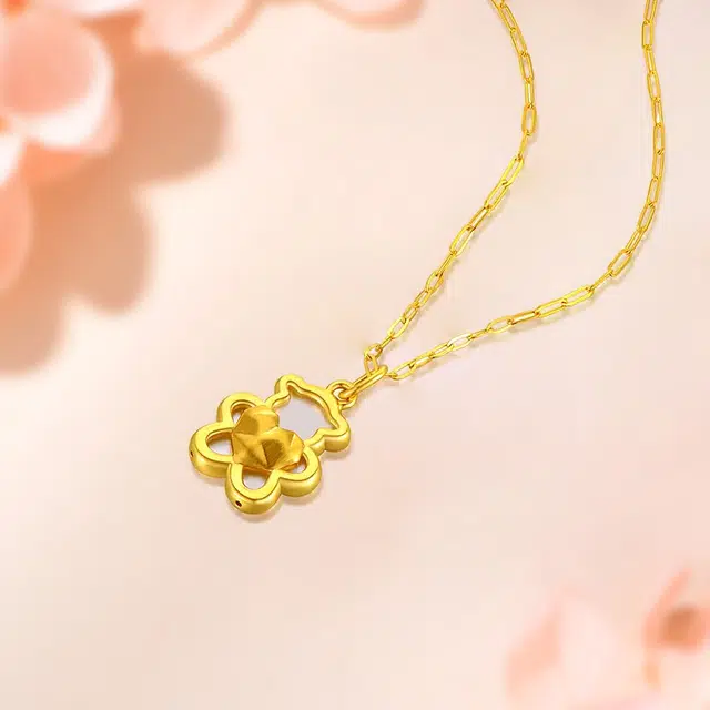 珍·如金 小熊献爱 可爱爱心小熊 足金 计价金 黄金项链 女款