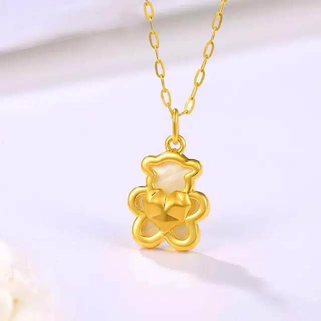珍·如金 小熊献爱 可爱爱心小熊 足金 计价金 黄金项链 女款