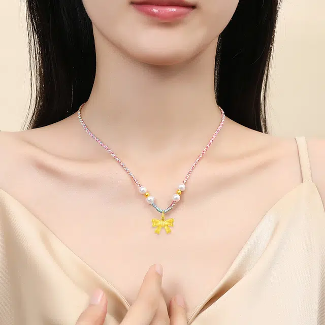 中国黄金 珍·如金 铃铛蝴蝶结 甜美渐变编绳 足金 一口价 黄金项链 女款