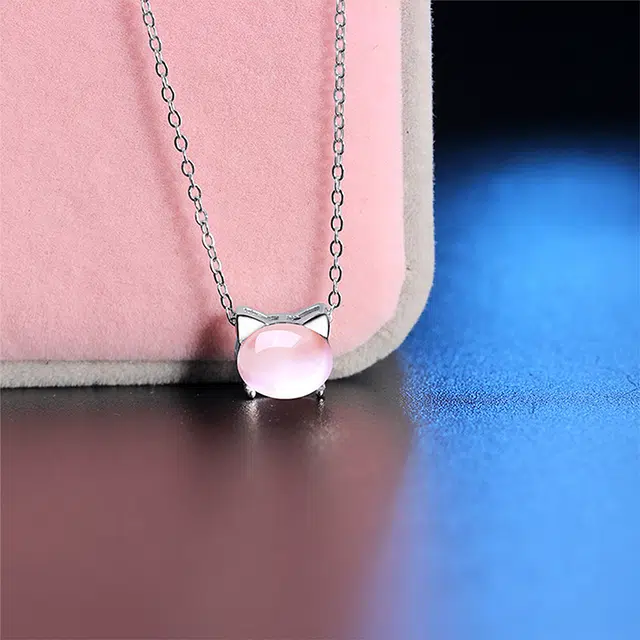 珍·如金 中国黄金 小粉猫可爱甜美简约高级感天然 粉水晶 项链 女款