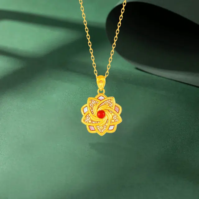 中国黄金 珍·如金 东方螺钿 醉清风 优雅气度 珍藏颈间 古法花卉套链 足金 按克计价 黄金项链 女款