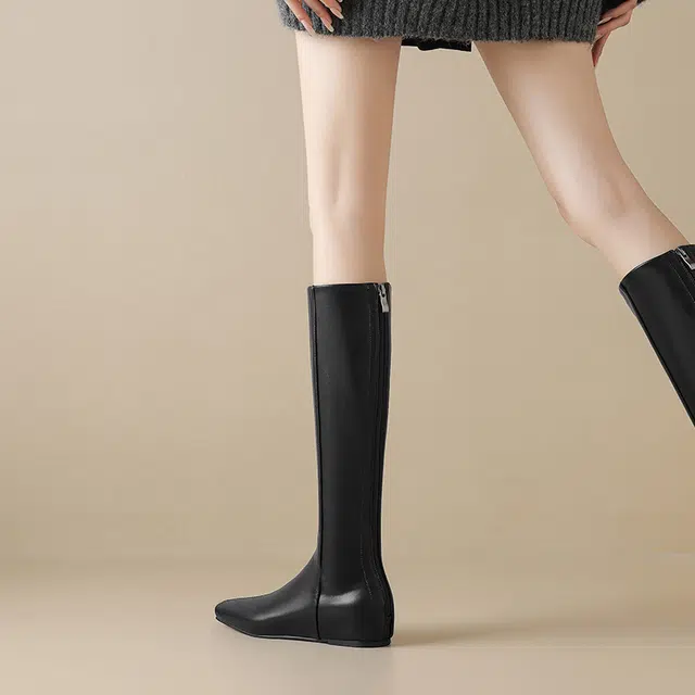 超纤皮 时尚内增高通勤百搭方头后拉链 高筒靴 女款