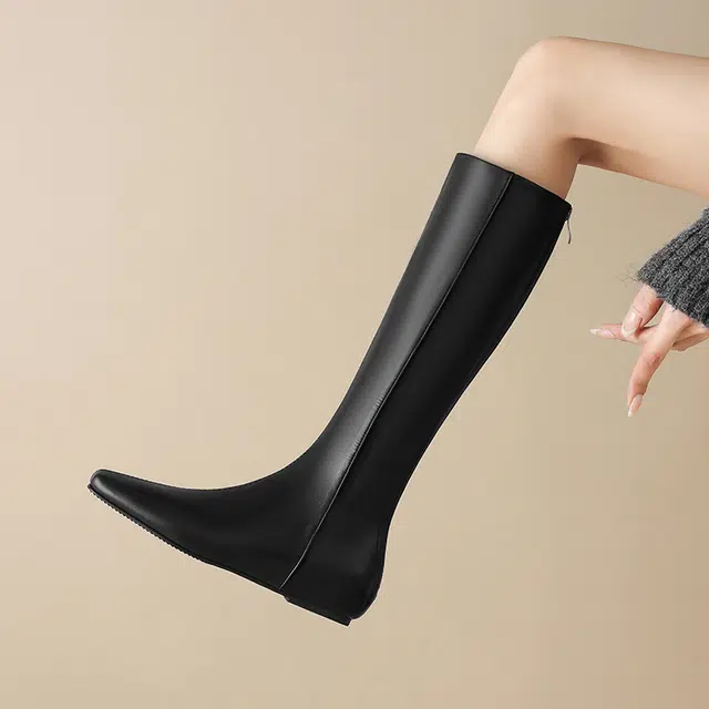 超纤皮 时尚内增高通勤百搭方头后拉链 高筒靴 女款