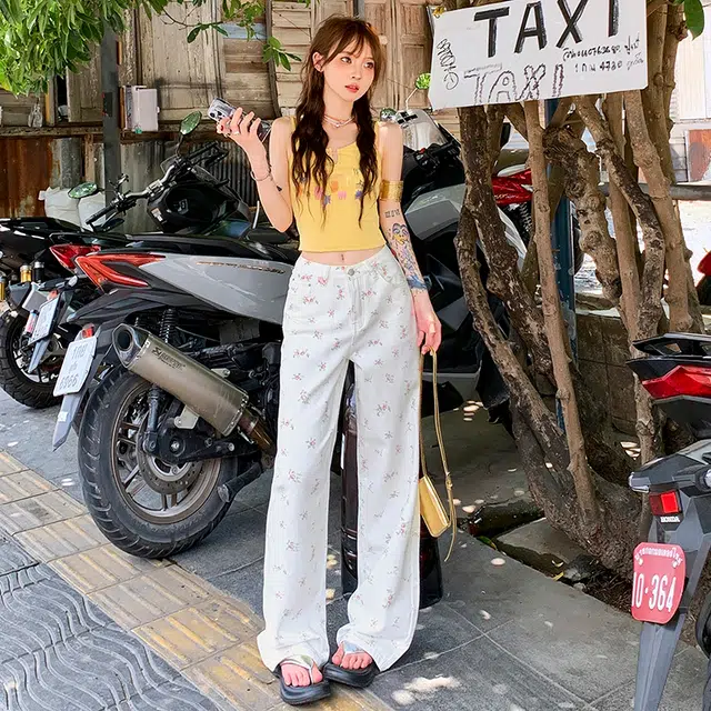 困住大象 韩系时尚休闲复古小显瘦清爽设计感碎花高腰宽松垂感阔腿直筒裤牛仔裤款 女款