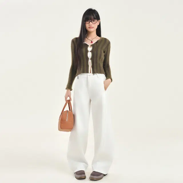 花蔓色 美式复古学院风高腰纯色前贴袋宽松版型拼接垂感弯刀阔腿直筒牛仔裤 女款