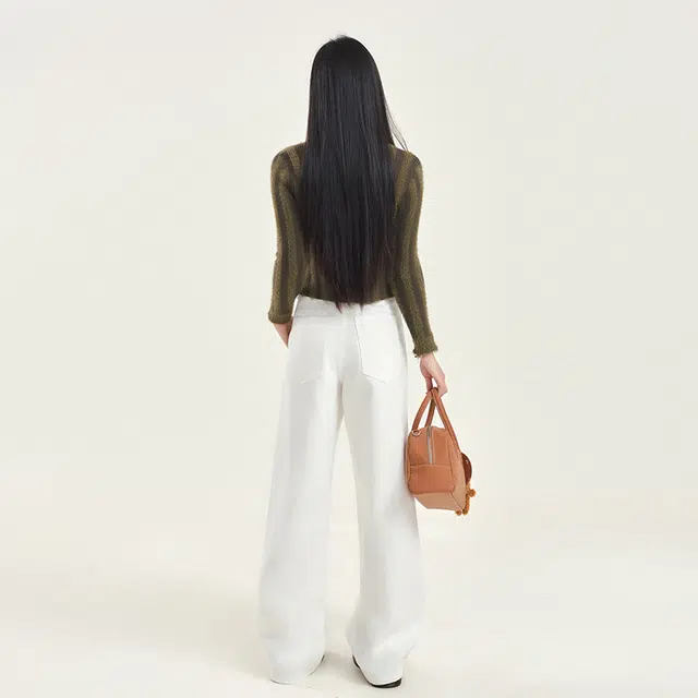 花蔓色 美式复古学院风高腰纯色前贴袋宽松版型拼接垂感弯刀阔腿直筒牛仔裤 女款