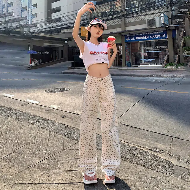 玉儿恋 韩版印花复古碎花小众设计感宽松百搭阔腿垂感直筒高腰拉链韩系窄版显瘦减龄牛仔裤 女款 白色