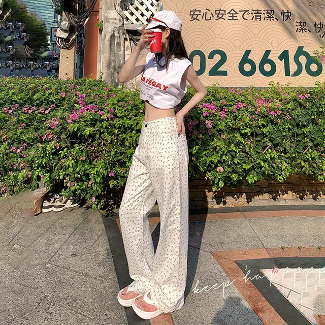 花蔓色 韩版印花复古碎花小众设计感宽松百搭阔腿垂感直筒高腰拉链韩系窄版显瘦减龄牛仔裤 女款 白色