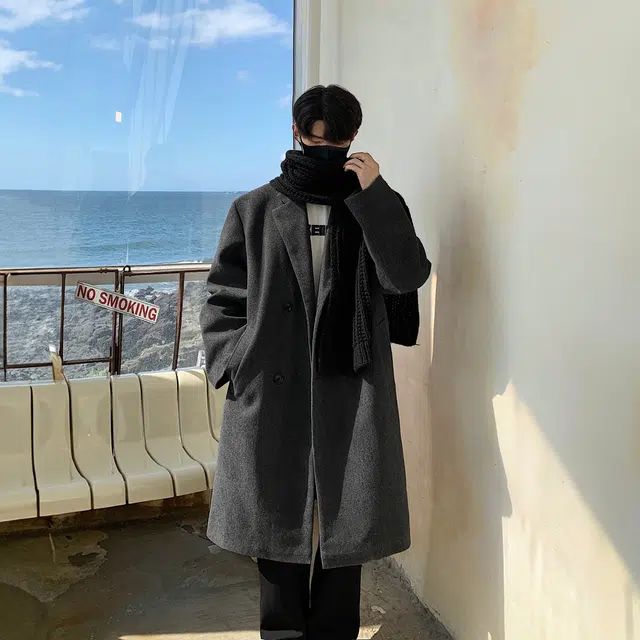 费尔岛上的猫 潮流厚实保暖御寒慵懒风复古高街韩版纯色中长款保暖简约百搭时尚宽松休闲翻领落肩开衫双排扣加厚长袖毛呢大衣 男女同款 黑色