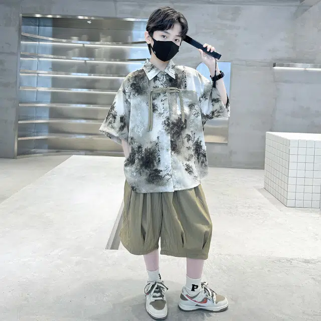 熊猫圆圆 男童新中式复古水墨画套装 儿童款