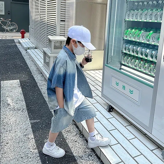 熊猫圆圆 男童夏装渐变牛仔衬衫中裤套装 儿童款