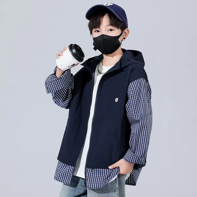 熊猫圆圆夹克外套 时尚帅气格子拼接假两件套连帽 藏青色 儿童款