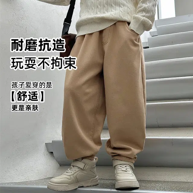 熊猫圆圆 时尚洋气宽松纯色加绒加厚长裤 可可茶色 青少年