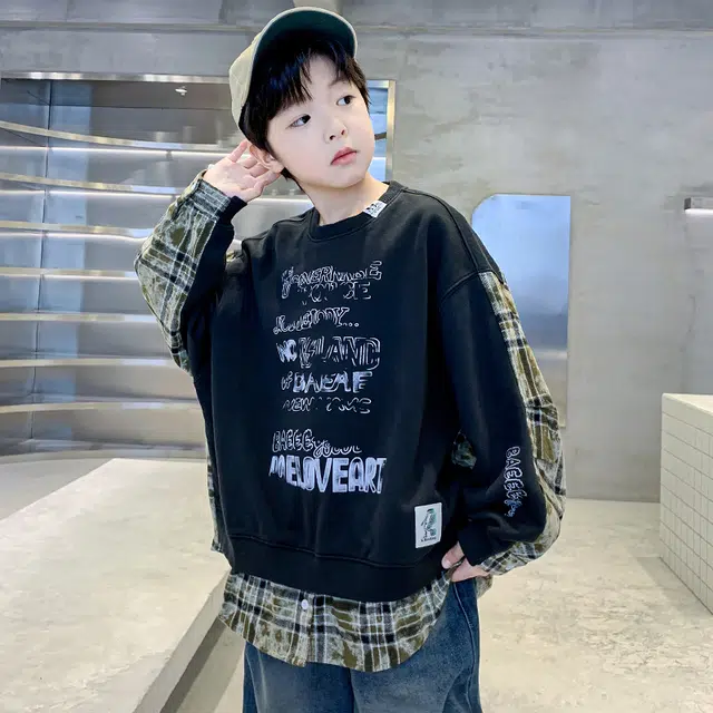 熊猫圆圆卫衣 时尚帅气前后拼接格子字母印花休闲潮流