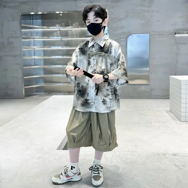 熊猫圆圆 男童新中式复古水墨画套装 儿童款