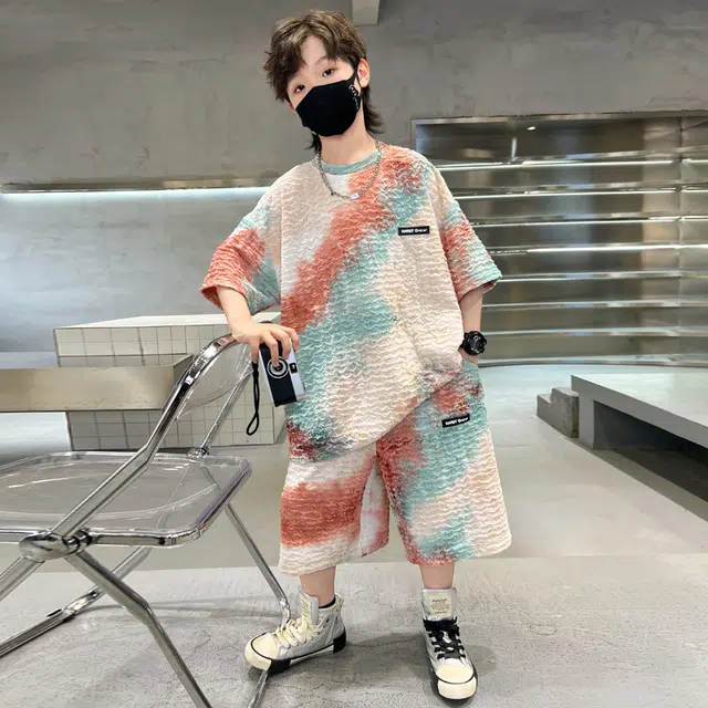 熊猫圆圆 夏季新款男中大童韩版扎染宝宝洋气针织休闲扎染短袖短裤套装 儿童款