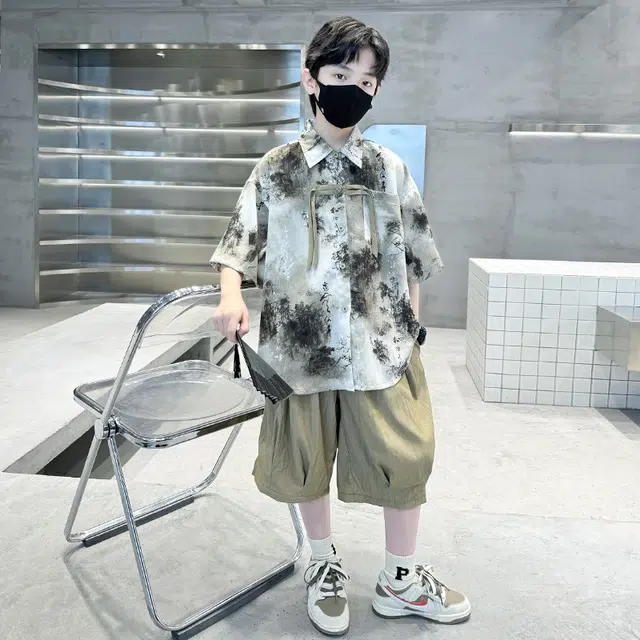 熊猫圆圆 男童新中式复古水墨画套装 儿童款
