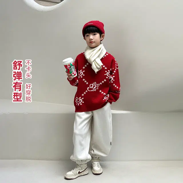 熊猫圆圆时尚洋气圆领喜庆圣诞红色复古百搭保暖 毛衣 儿童款