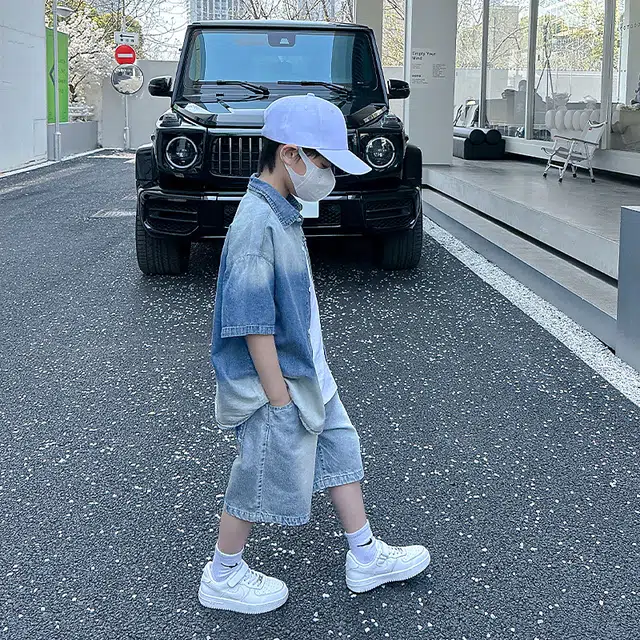 熊猫圆圆 男童夏装渐变牛仔衬衫中裤套装 儿童款