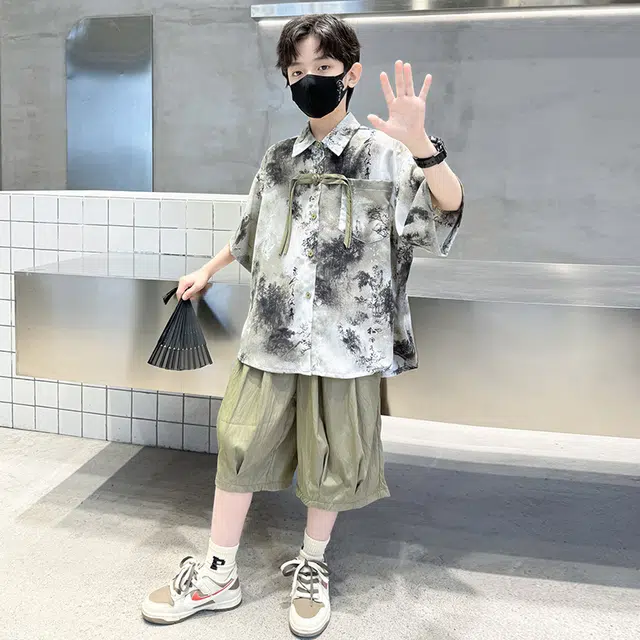 熊猫圆圆 男童新中式复古水墨画套装 儿童款