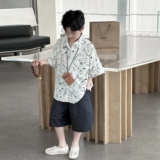 儿童款 熊猫圆圆 男童泼墨印花短袖衬衫