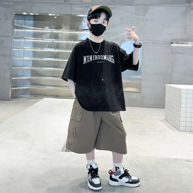 熊猫圆圆 男童印花字母甩点短袖休闲套装 儿童款