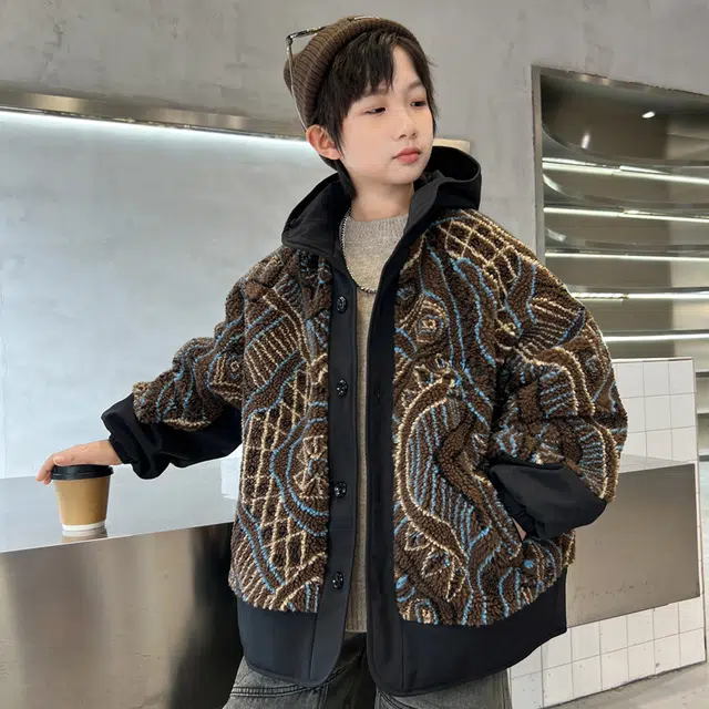 熊猫圆圆时尚帅气几何图案花纹连帽加厚毛毛 外套 儿童款