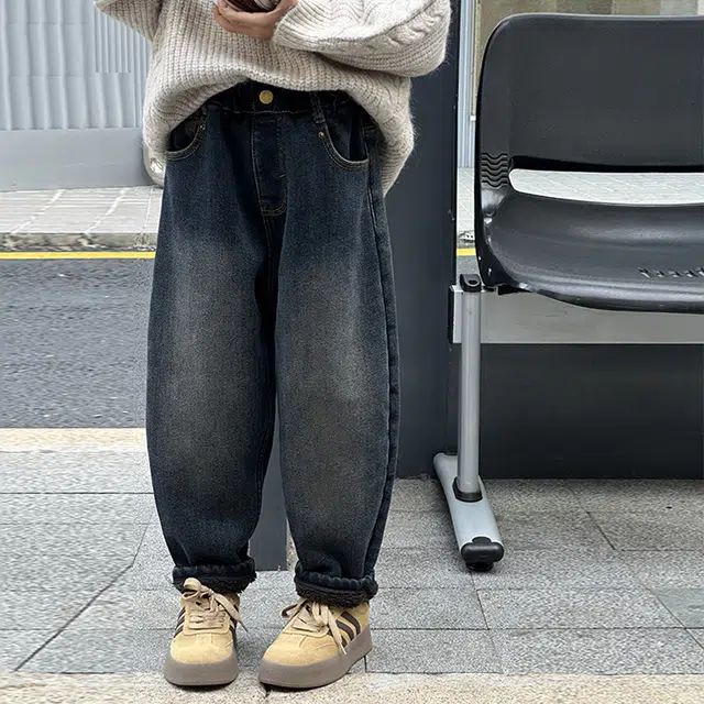 熊猫圆圆 童装 男童女童加厚羊羔毛牛仔裤中大童冬季新款时尚潮裤休闲长裤