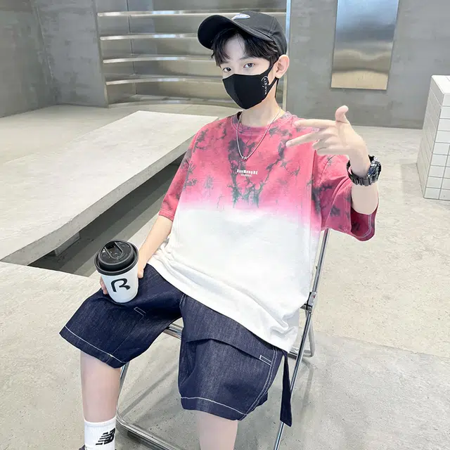 熊猫圆圆 男童夏装帅气街潮渐变扎染印花休闲套装 儿童款