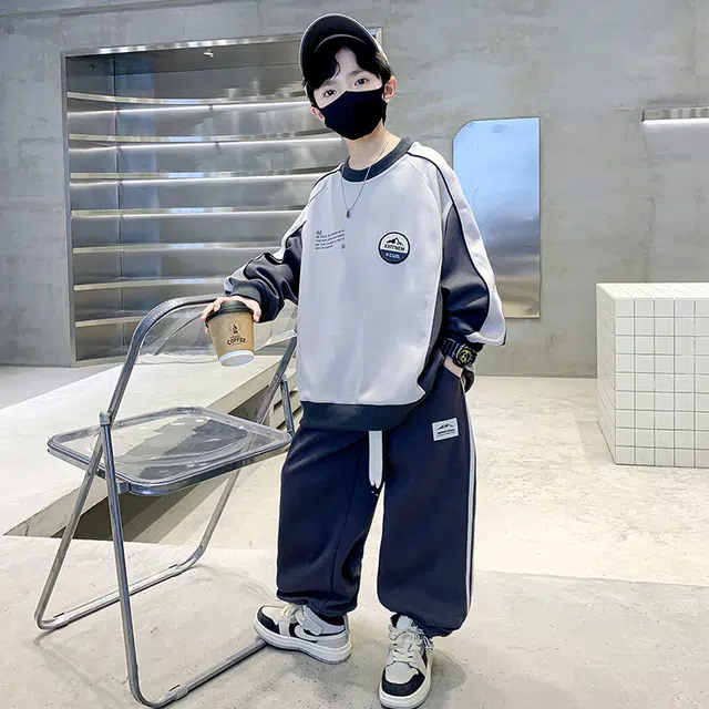 熊猫圆圆休闲运动套装 时尚洋气拼色贴标卡绳舒适百搭 儿童款