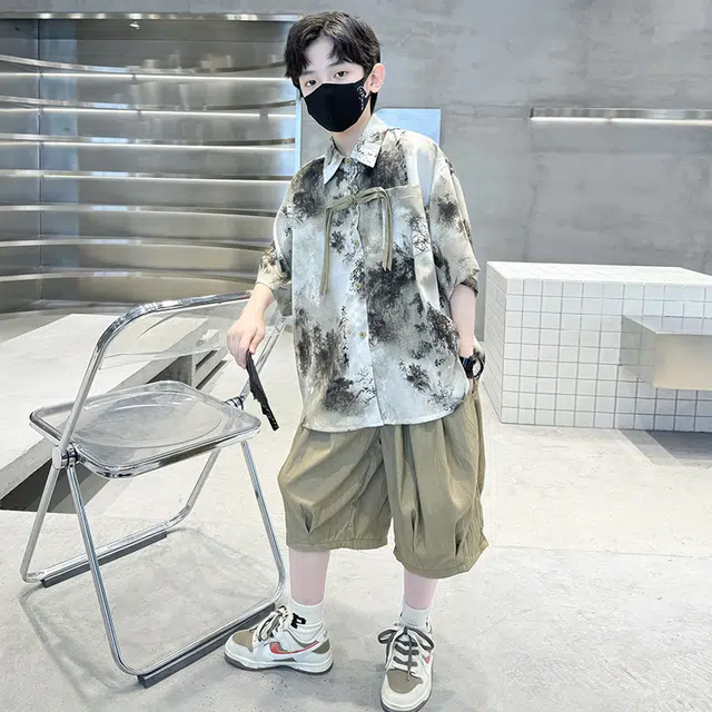 熊猫圆圆 男童新中式复古水墨画套装 儿童款