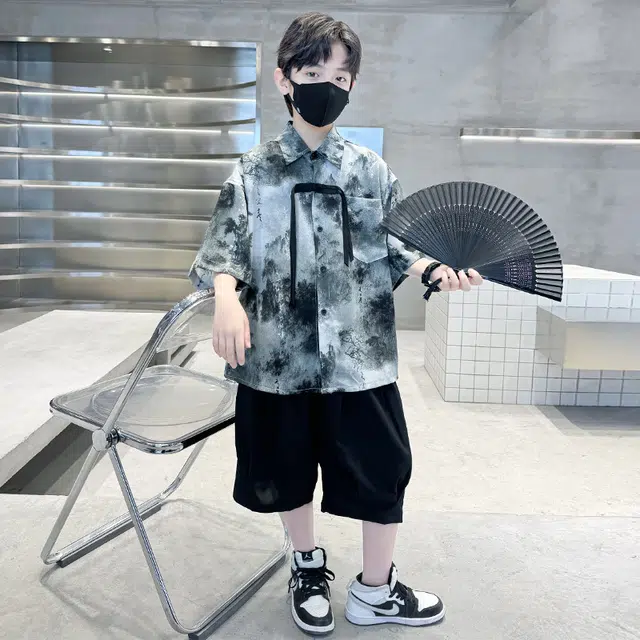 熊猫圆圆 男童新中式复古水墨画套装 儿童款