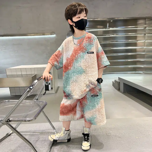 熊猫圆圆 夏季新款男中大童韩版扎染宝宝洋气针织休闲扎染短袖短裤套装 儿童款