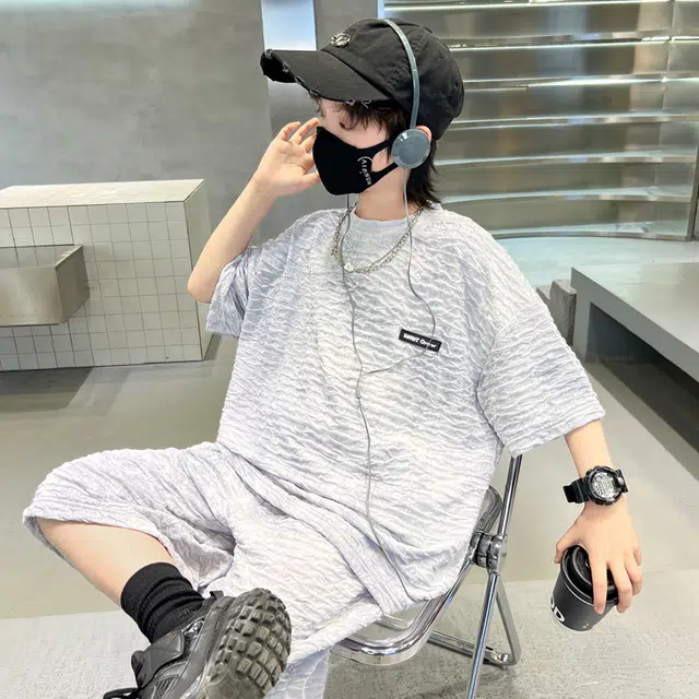 熊猫圆圆 夏季新款男中大童韩版扎染宝宝洋气针织休闲扎染短袖短裤套装 儿童款