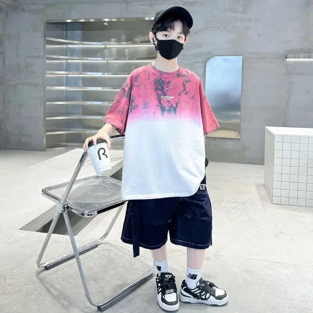 熊猫圆圆 男童夏装帅气街潮渐变扎染印花休闲套装 儿童款