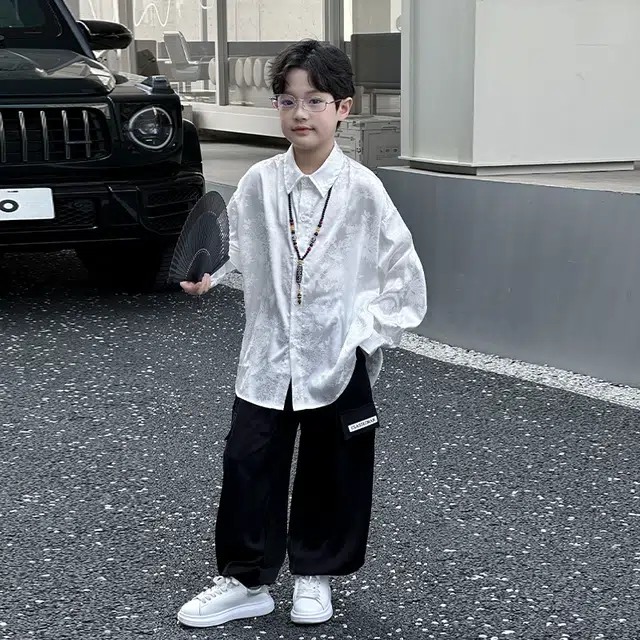 儿童款 熊猫圆圆 男童新中式暗花国风长袖衬衫