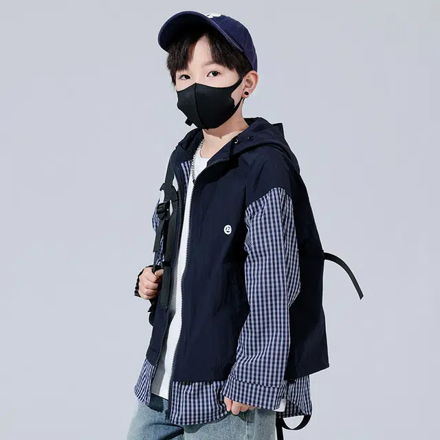 熊猫圆圆夹克外套 时尚帅气格子拼接假两件套连帽 藏青色 儿童款
