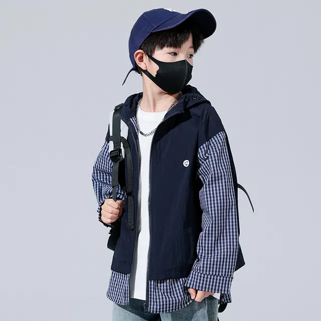 熊猫圆圆夹克外套 时尚帅气格子拼接假两件套连帽 藏青色 儿童款